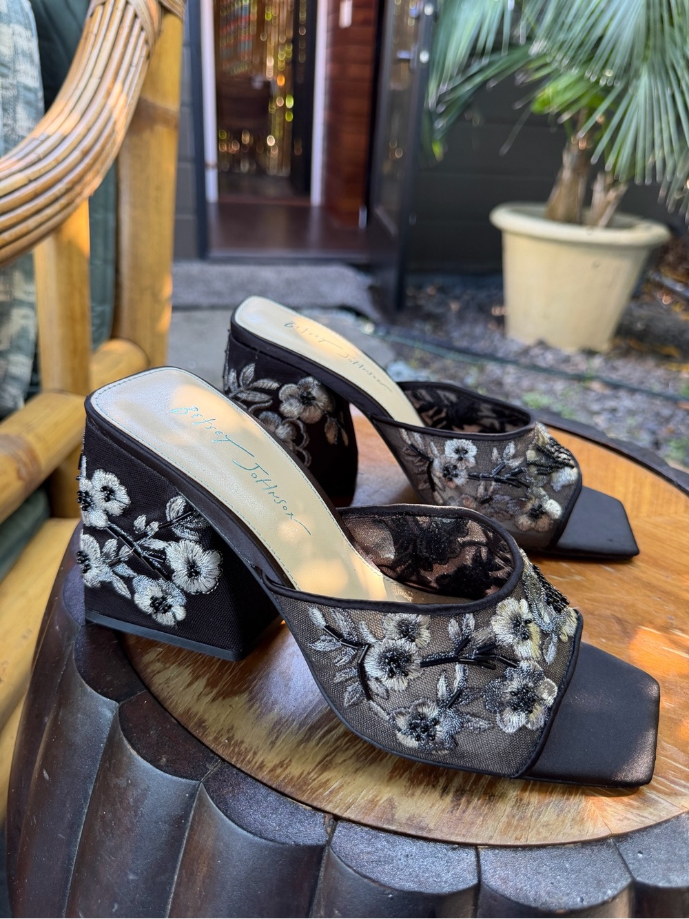 Betsey Johnson Black Sheer Floral Embroidered Block Heel Mules